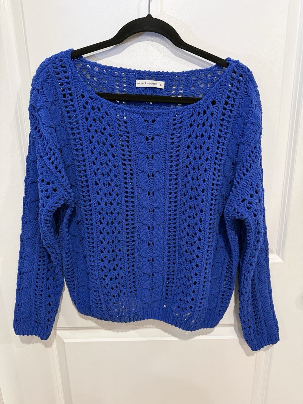 moon&madison Blue Crochet Open-Knit Pullover Sweater Long Sleeve Sz Large Women